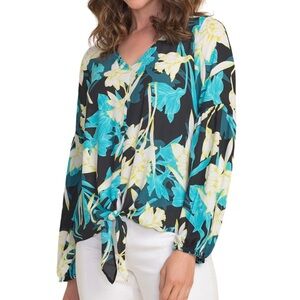 Joseph Ribkoff NWOT Black Multi Floral Tie‑Front Top – Style 212239, Size 12